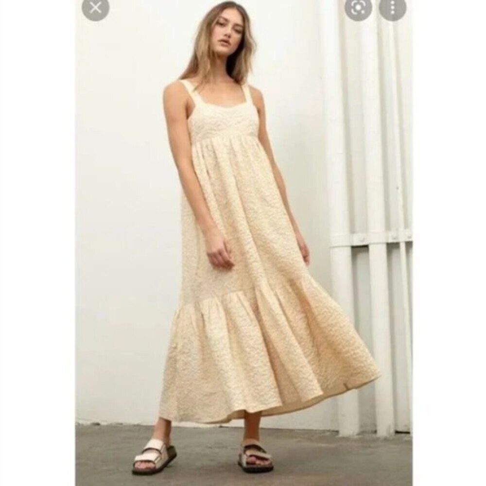 Yellow Cream Moon River Eyelet Textured Ruffle Hem Flounce Midi Dress (NWT)